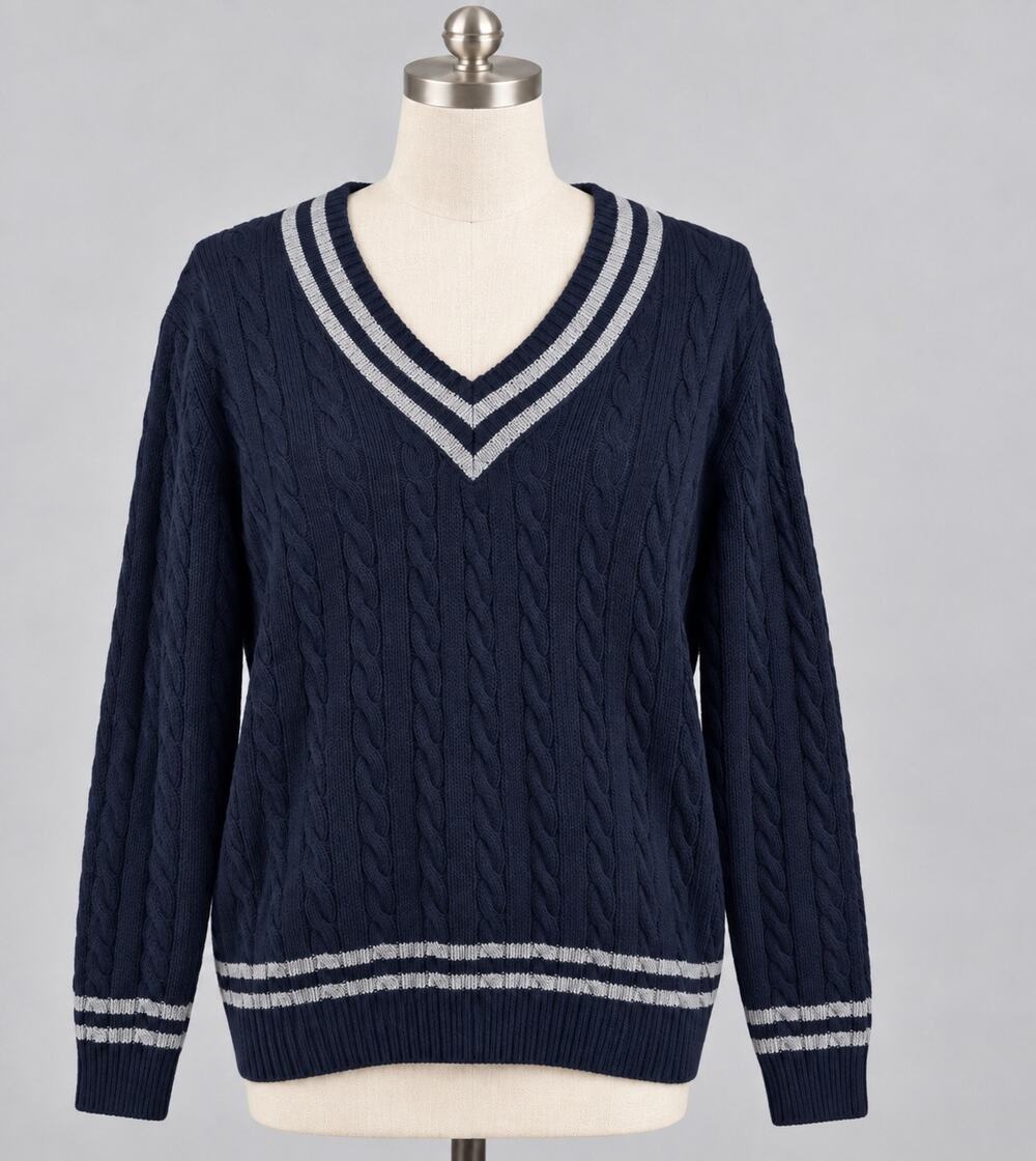 Lauren Ralph Lauren XL Navy Cable Knit V-Neck Cricket Sweater Striped